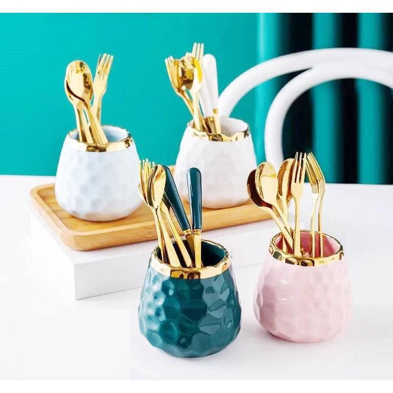 Nordic Light Luxury Fruit Fork and Spoon Ceramic Storage Tank Set | Green, White, Blue Utensils Kitchen Organizers