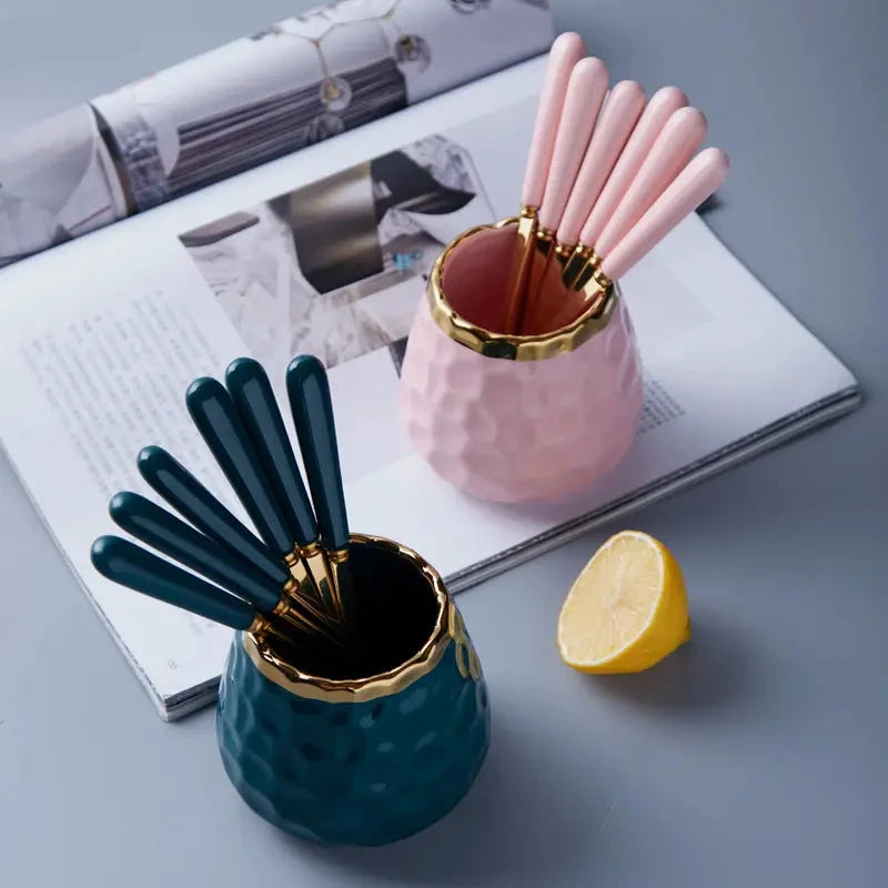 Nordic Light Luxury Fruit Fork and Spoon Ceramic Storage Tank Set | Green, White, Blue Utensils Kitchen Organizers