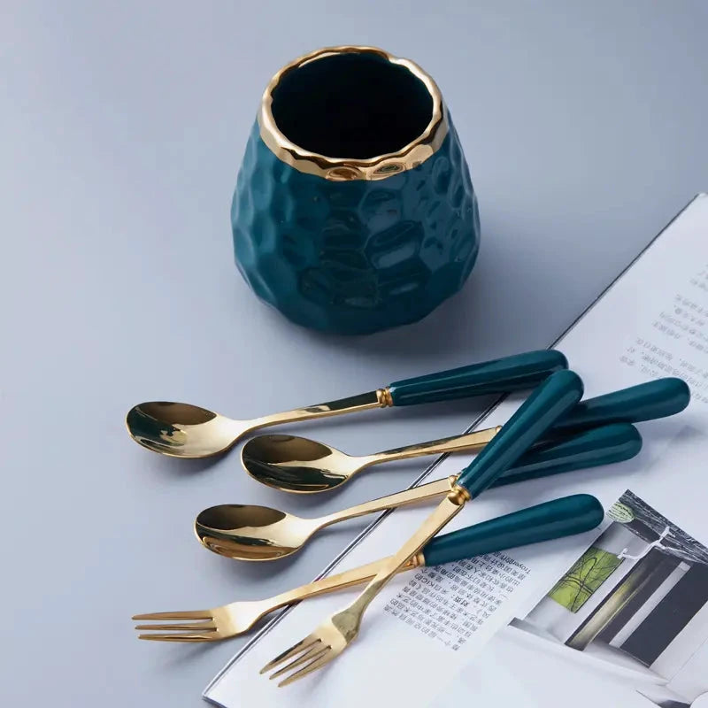 Nordic Light Luxury Fruit Fork and Spoon Ceramic Storage Tank Set | Green, White, Blue Utensils Kitchen Organizers