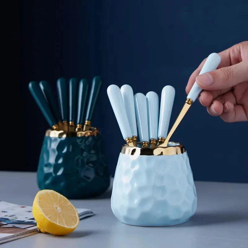 Nordic Light Luxury Fruit Fork and Spoon Ceramic Storage Tank Set | Green, White, Blue Utensils Kitchen Organizers