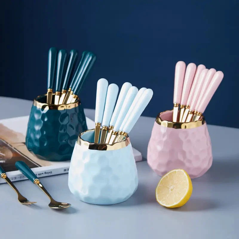 Nordic Light Luxury Fruit Fork and Spoon Ceramic Storage Tank Set | Green, White, Blue Utensils Kitchen Organizers