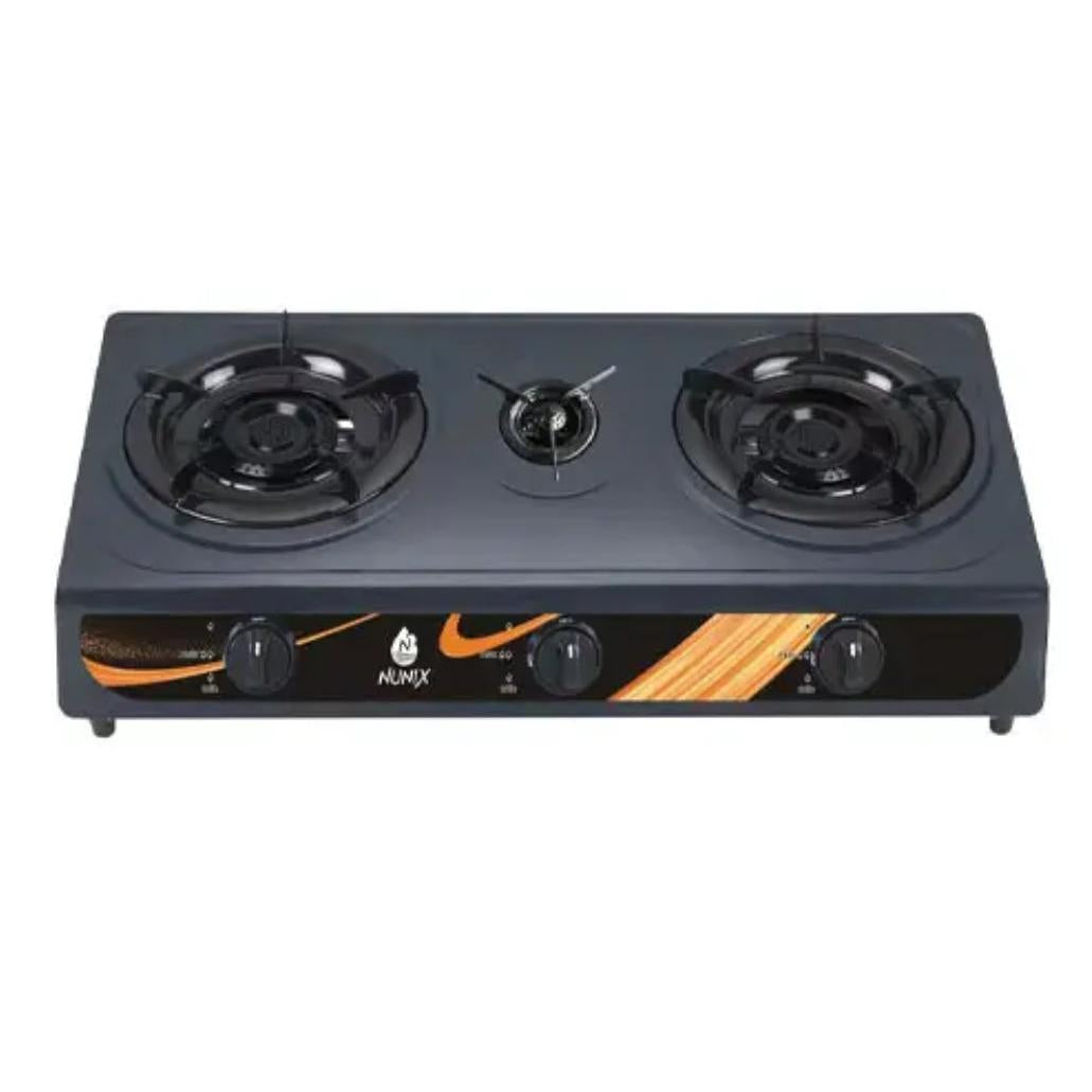 Nunix 3Burner Gas Stove Efficient Triple Burner with Metallic Top and Manual Ignition.