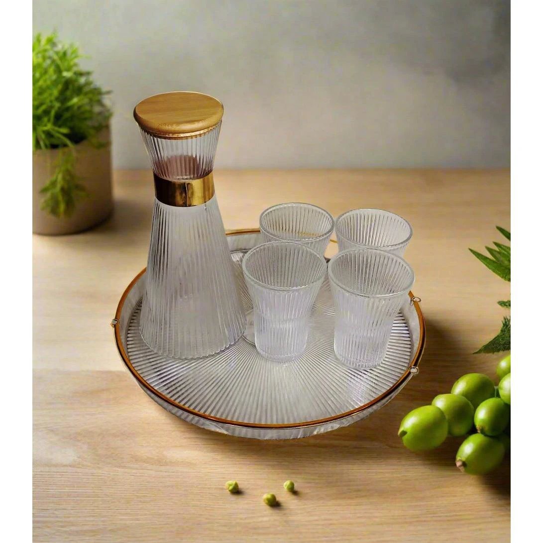 Origami Drinkware Textured Glass Carafe Elegant Bedside Water Serving Carafe with Bamboo Lid