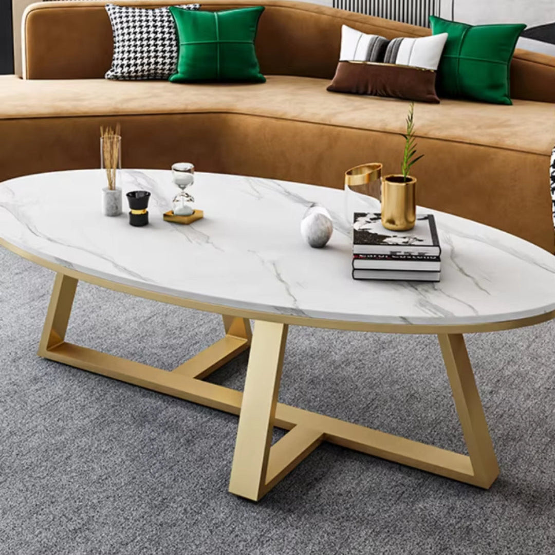 Oval Shaped Luxury Coffee Table Elegant White Gold Design for Living Room & Bedroom (100x50x45cm)