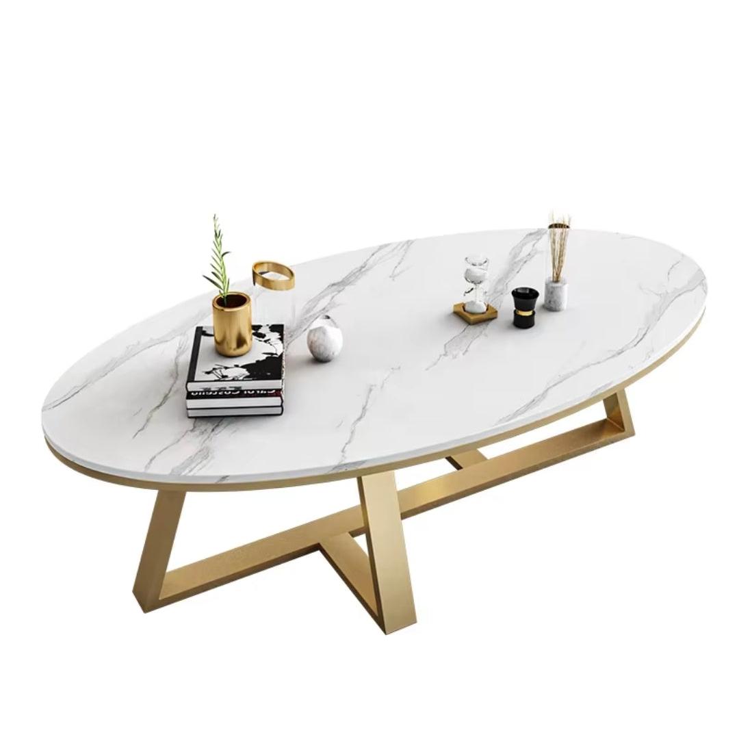 Oval Shaped Luxury Coffee Table Elegant White Gold Design for Living Room & Bedroom (100x50x45cm)