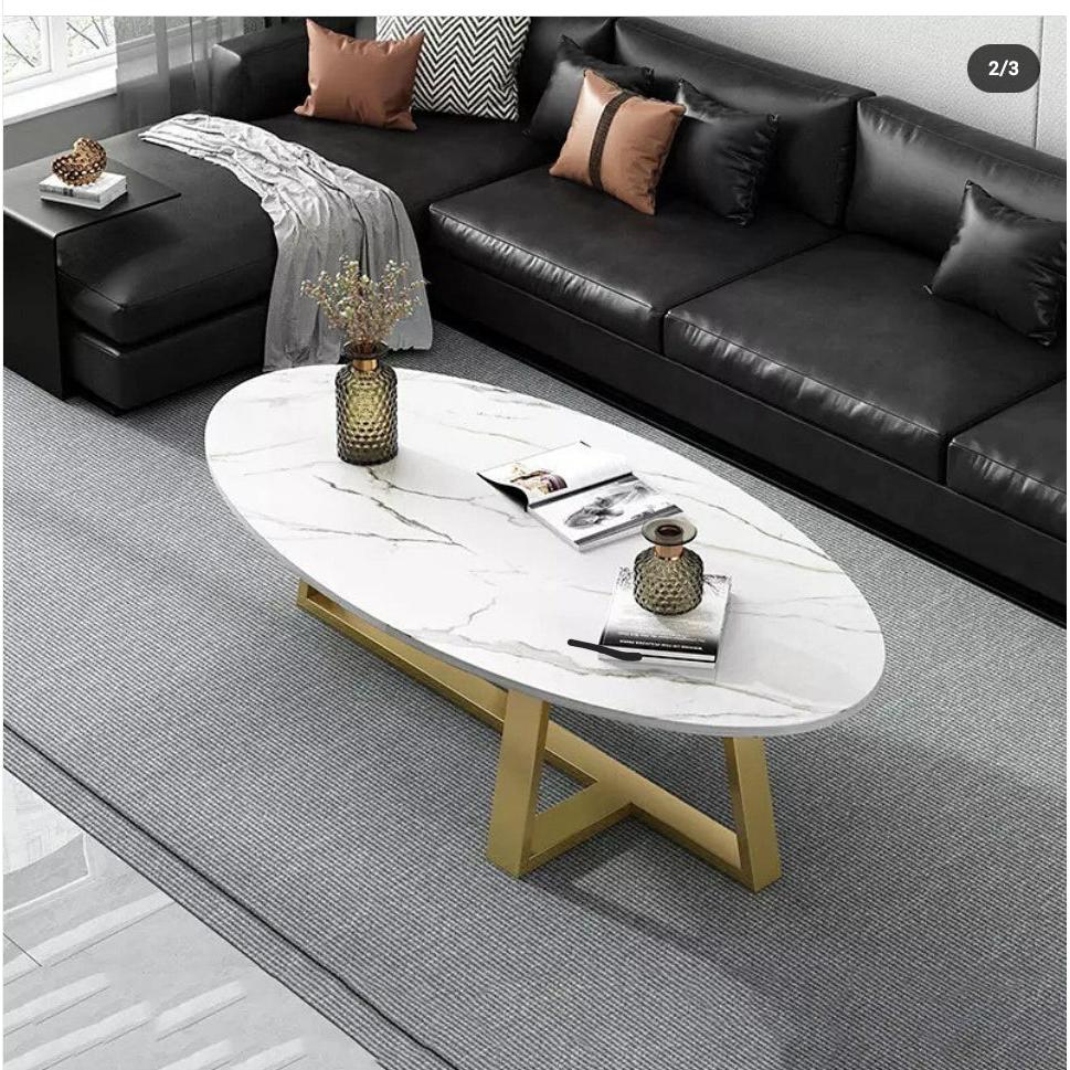 Oval Shaped Luxury Coffee Table Elegant White Gold Design for Living Room & Bedroom (100x50x45cm)