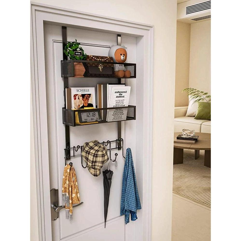 Over the Door Hanging Rack Organizer with Hooks and Basket Multi Purpose Storage for Bathroom Kitchen Bedroom Storage & Organization