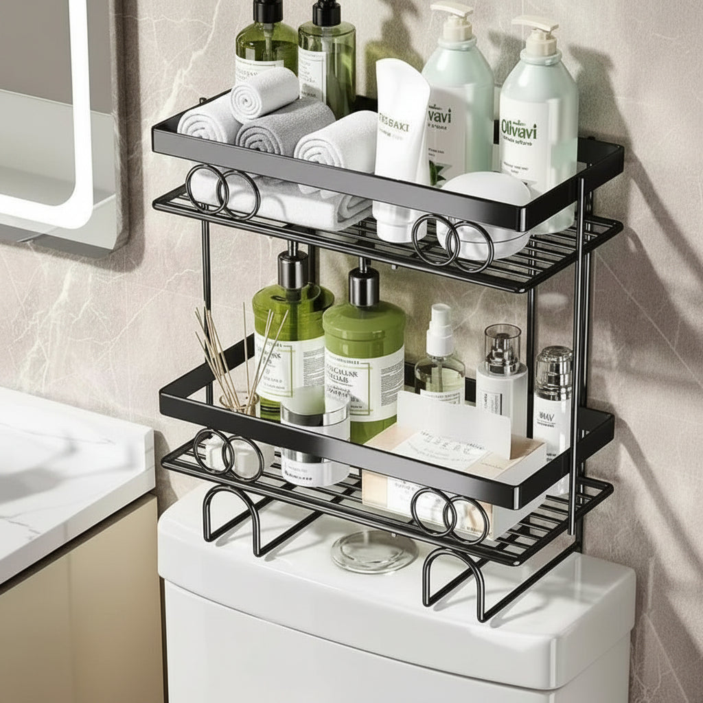 Over-the-Toilet Space-Saving Rack | 34x15x37cm Black Bathroom Organizer Bathroom Storage Bathroom Accessory Sets