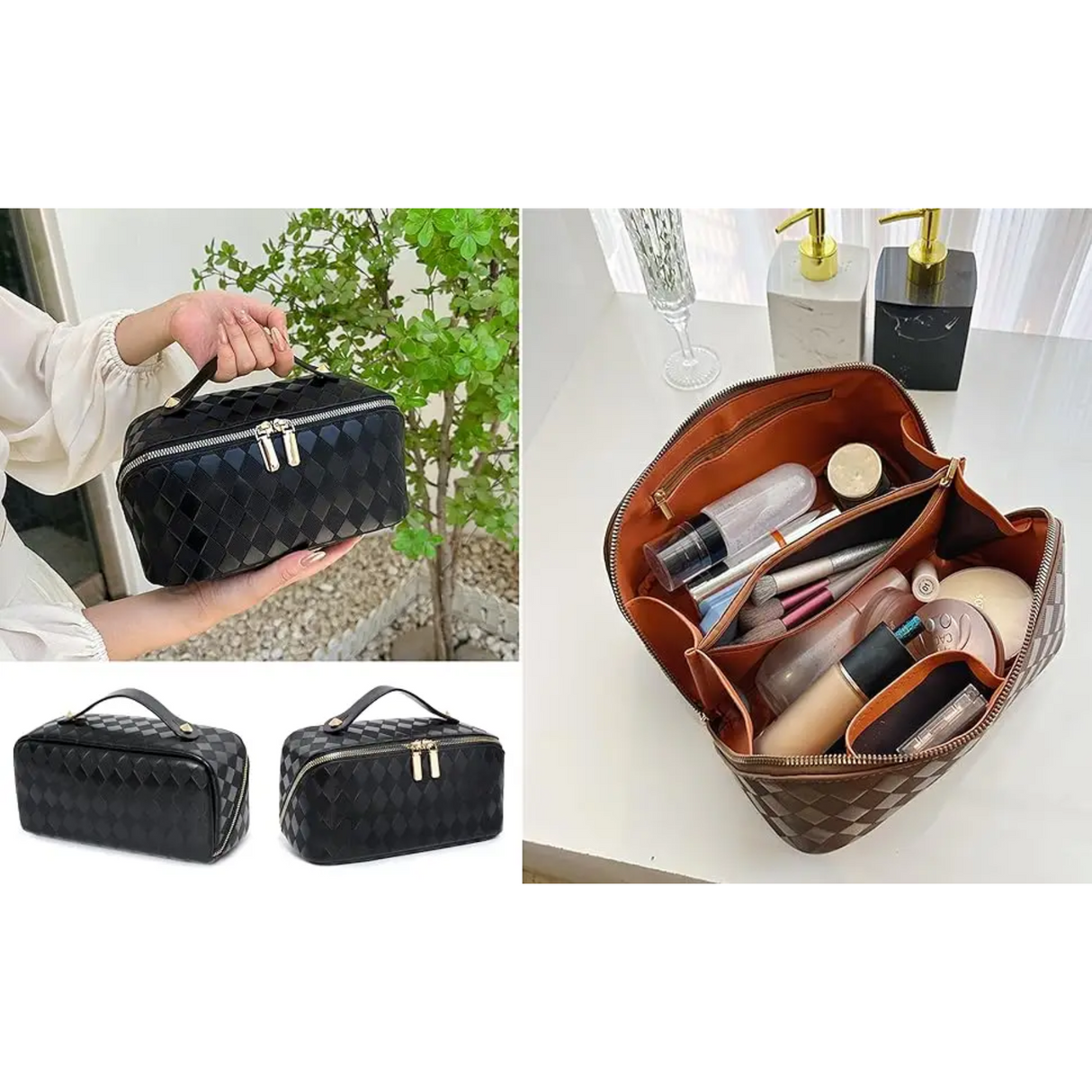 PU Leather Cosmetic Storage Bags Sleek Waterproof Makeup Organizer (22x12.5x13cm)