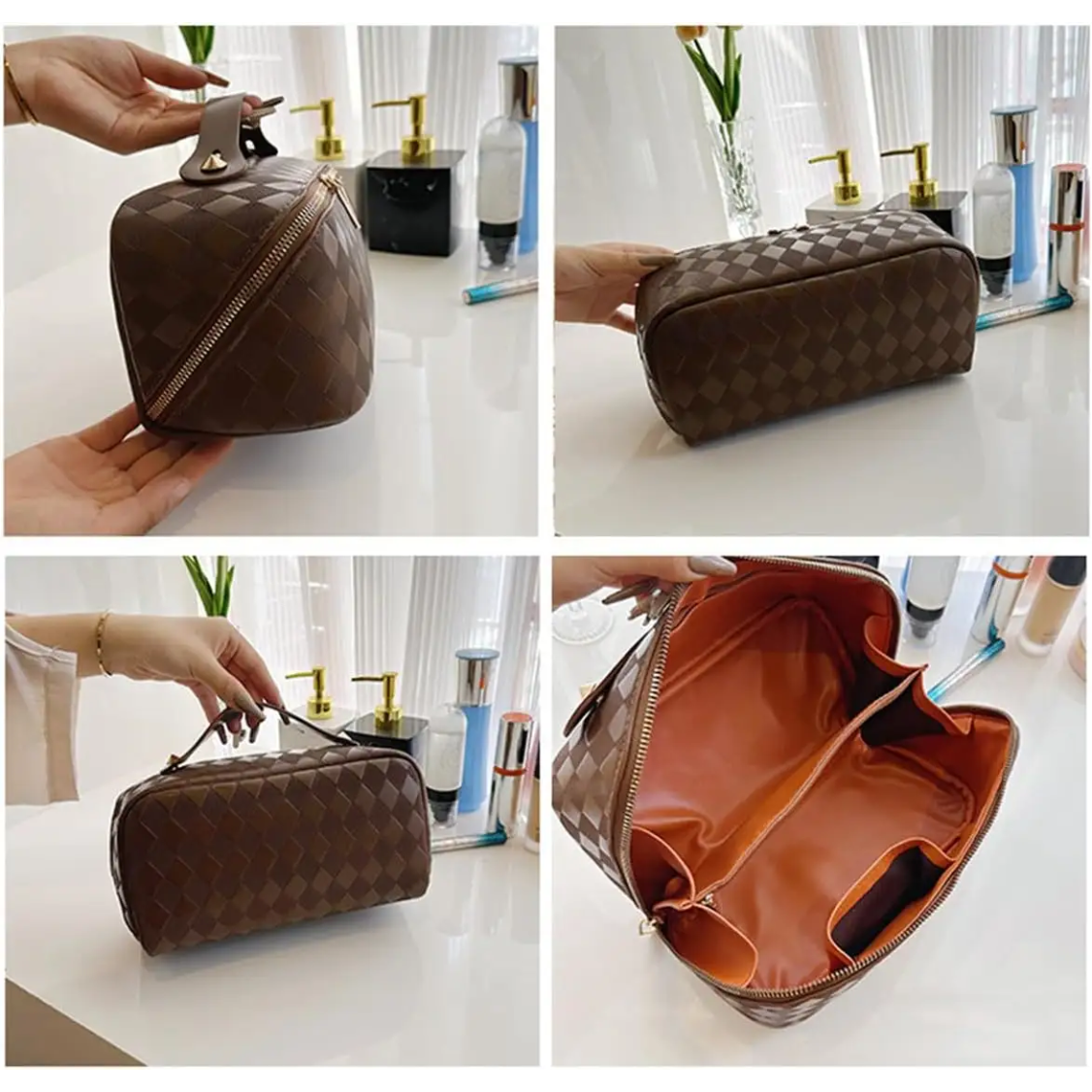 PU Leather Cosmetic Storage Bags Sleek Waterproof Makeup Organizer (22x12.5x13cm)