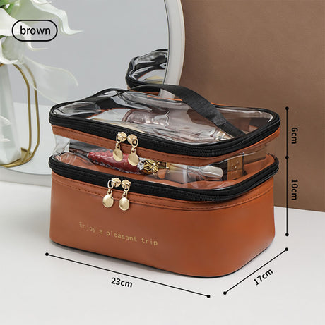 PU Leather Double Layer Waterproof Toiletries & Cosmetics Bag Compact Travel Organizer