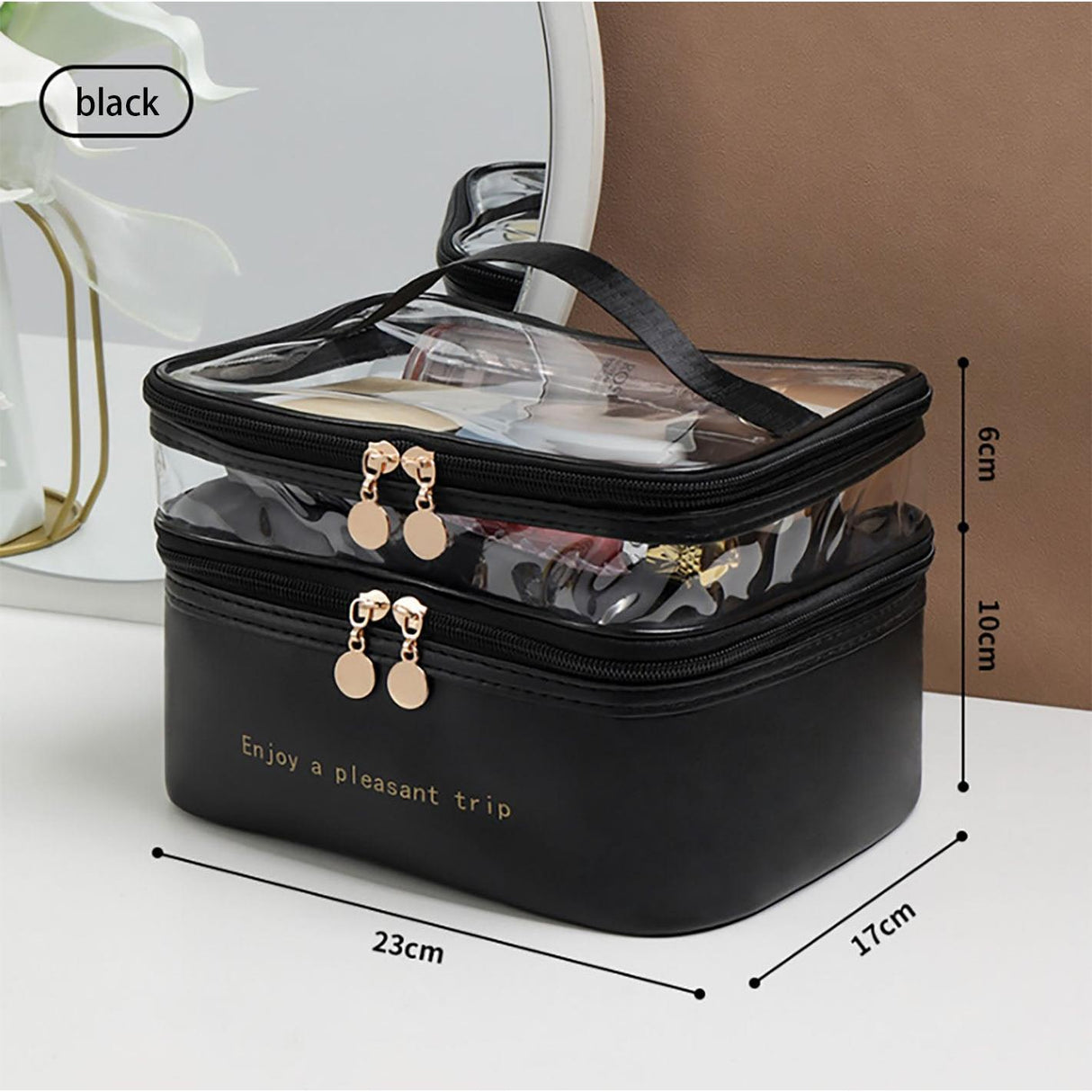 PU Leather Double Layer Waterproof Toiletries & Cosmetics Bag Compact Travel Organizer