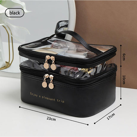 PU Leather Double Layer Waterproof Toiletries & Cosmetics Bag Compact Travel Organizer