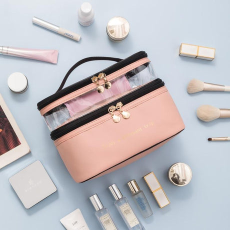 PU Leather Double Layer Waterproof Toiletries & Cosmetics Bag Compact Travel Organizer