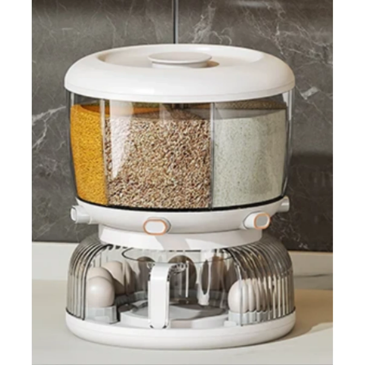 Partitioned Cereals Dispensers with Egg Holder 12kg Capacity Airtight Rotating Storage Cereal dispenser Food Storage Containers