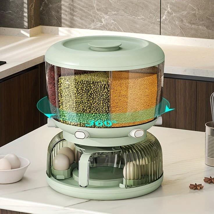 Partitioned Cereals Dispensers with Egg Holder 12kg Capacity Airtight Rotating Storage Cereal dispenser Food Storage Containers