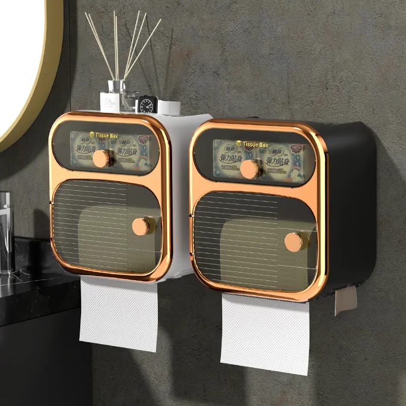 Plastic Multifunction 2 Layer Wall Mounted Toilet Paper Box Waterproof Bathroom Organizer with Detachable Roll Holder & Drawer Storage