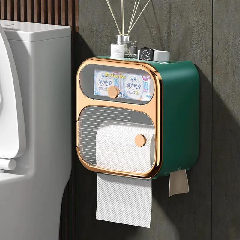 Plastic Multifunction 2 Layer Wall Mounted Toilet Paper Box Waterproof Bathroom Organizer with Detachable Roll Holder & Drawer Storage Bathroom Accessories Toilet Paper Holders