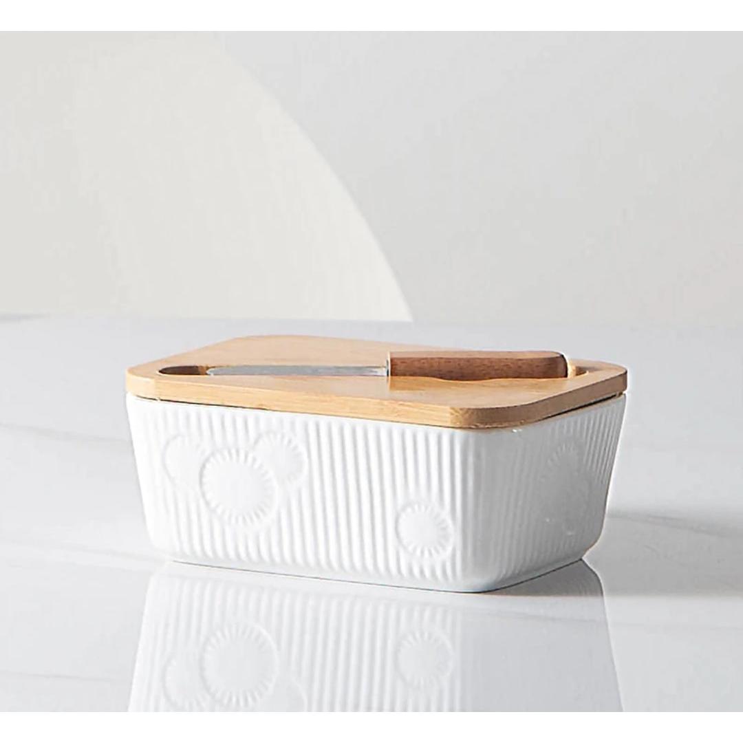 Porcelain Butter Set with Bamboo Lid and Knife 400ml Non Slip Butter Keeper for Freshness and Easy Cleaning
