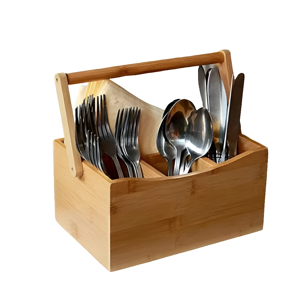 Portable Bamboo Countertop Cutlery Organizer with Handle Kitchen organiser Storage & Organization