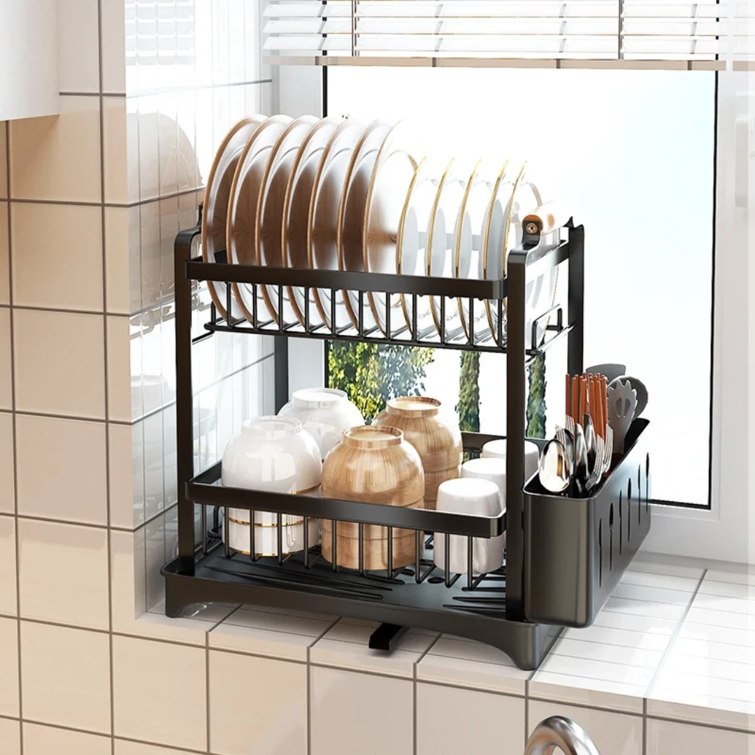 Premium Quality 2 Tier Dish Rack with Bamboo Handle and Drainage Dish Rack Dish Racks