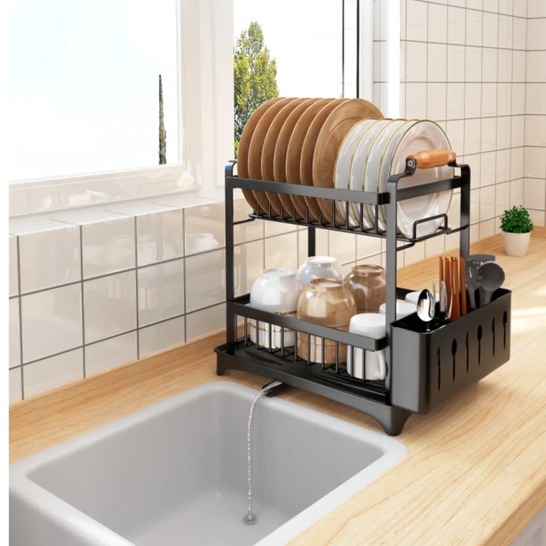 Premium Quality 2 Tier Dish Rack with Bamboo Handle and Drainage