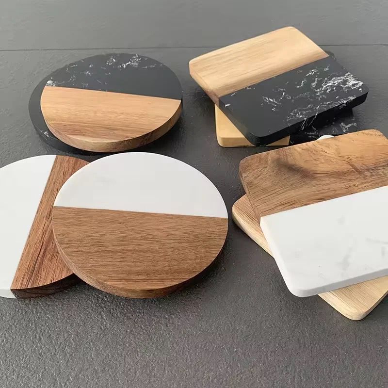 Premium Quality Heavy Marble Wood Splicing Coasters 6pcs Set
