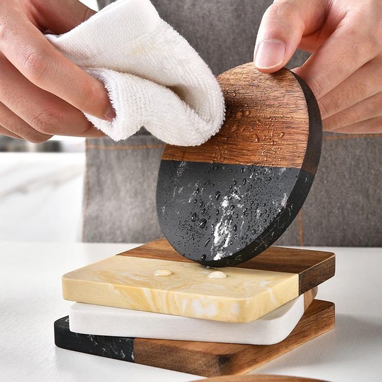 Premium Quality Heavy Marble Wood Splicing Coasters 6pcs Set