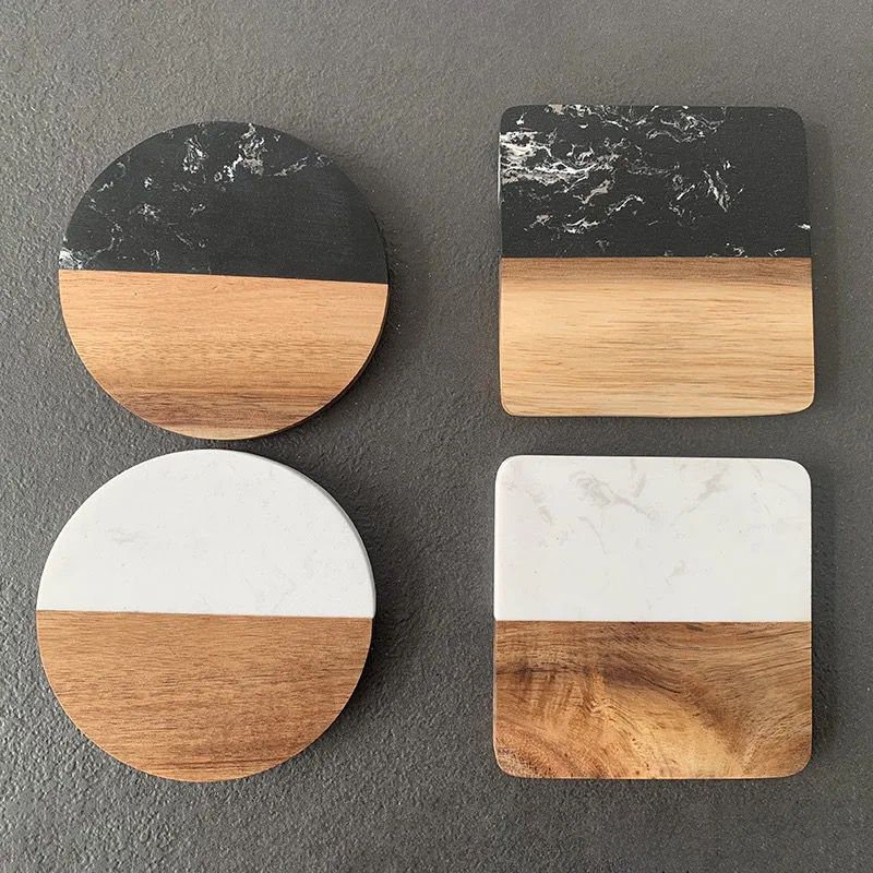 Premium Quality Heavy Marble Wood Splicing Coasters 6pcs Set