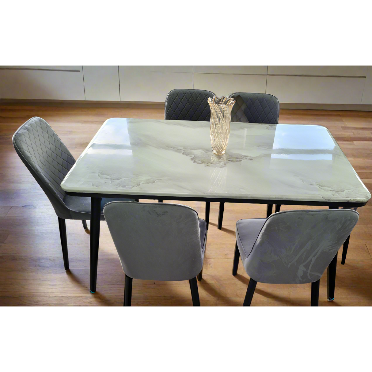 Product Title 6-Seater Marble Finish Dining Table with Cushioned Chairs