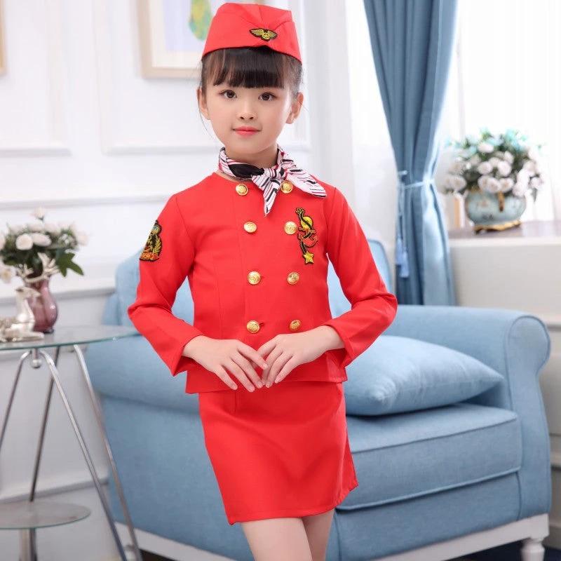Professional Children’s Air Hostess Cosplay Costume – Flight Attendant Fancy Dress Kids Essentials Costume Sets