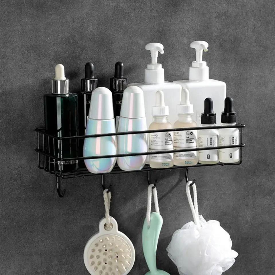 Punch Free Wall Mounted Floating Bathroom Organizer with Hooks Metallic Shelf for Extra Storage Bathroom Storage Wall-Mounted Caddies