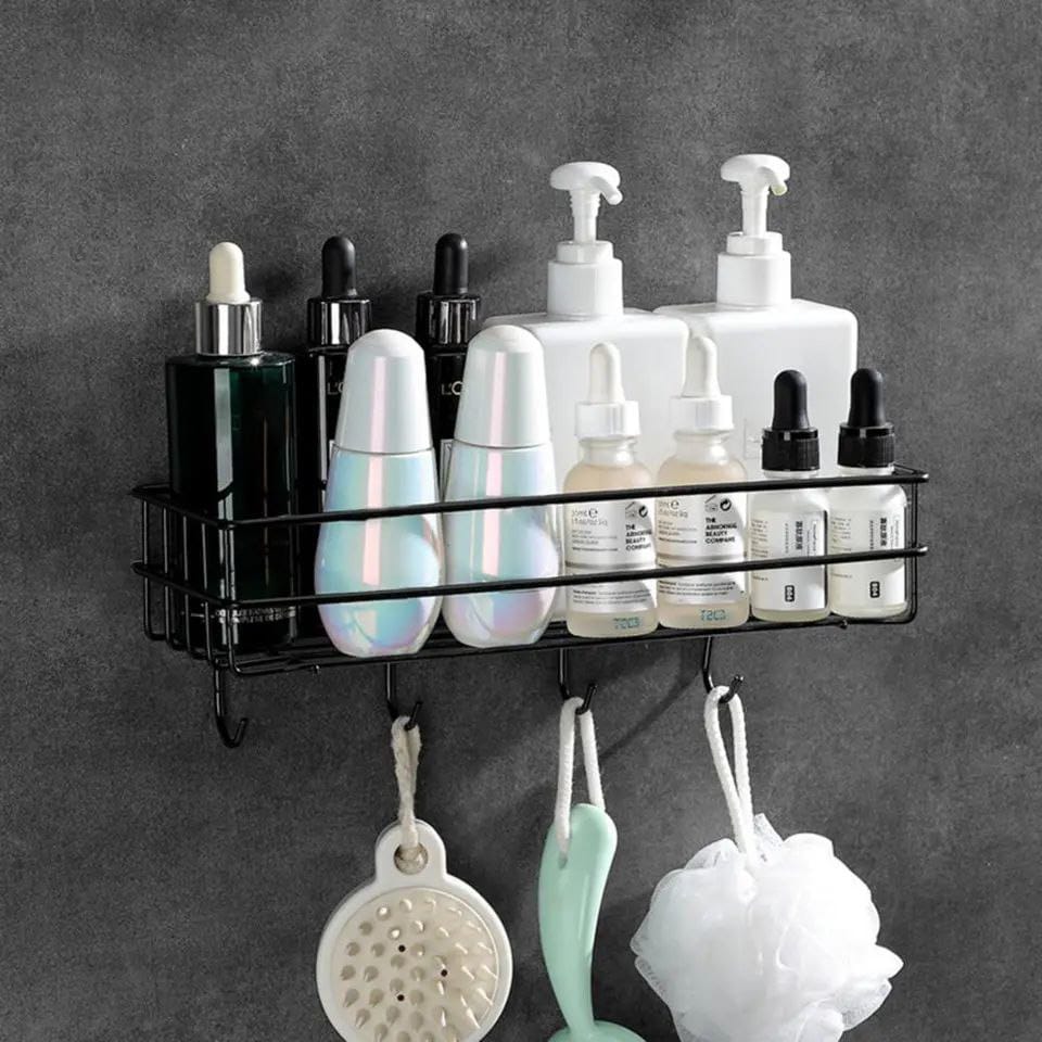 Punch Free Wall Mounted Floating Bathroom Organizer with Hooks Metallic Shelf for Extra Storage