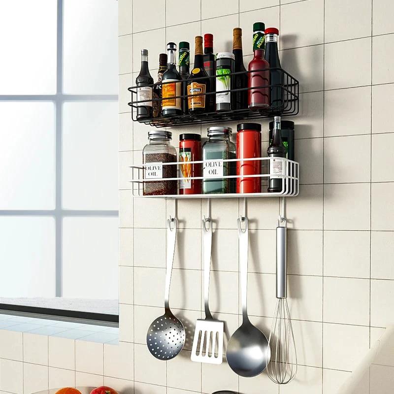 Punch Free Wall Mounted Floating Bathroom Organizer with Hooks Metallic Shelf for Extra Storage Bathroom Storage Wall-Mounted Caddies