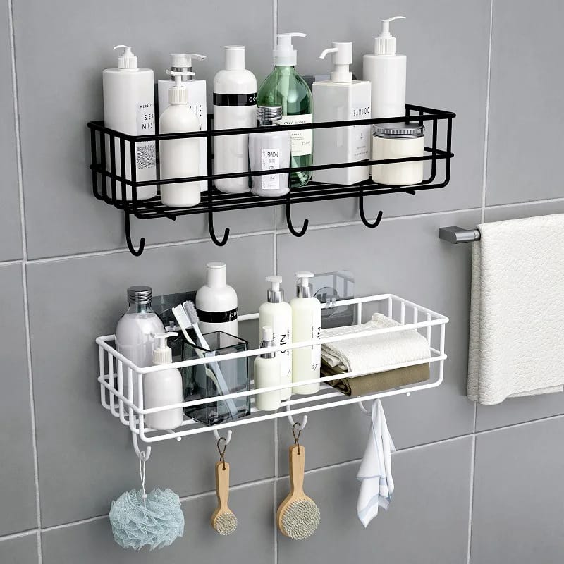 Punch Free Wall Mounted Floating Bathroom Organizer with Hooks Metallic Shelf for Extra Storage