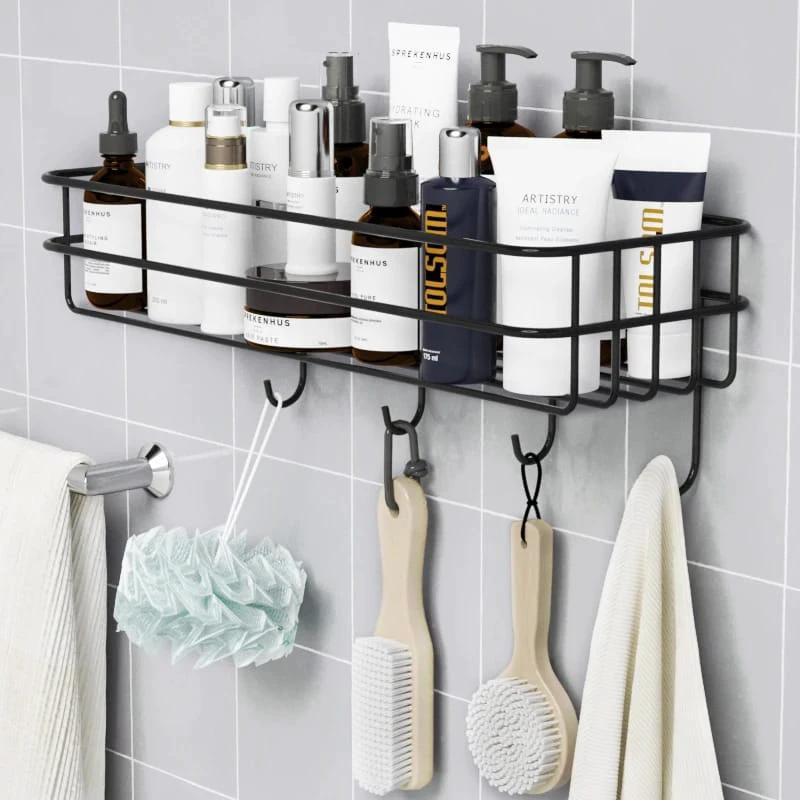 Punch Free Wall Mounted Floating Bathroom Organizer with Hooks Metallic Shelf for Extra Storage Bathroom Storage Wall-Mounted Caddies