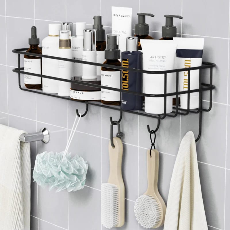 Punch Free Wall Mounted Floating Bathroom Organizer with Hooks Metallic Shelf for Extra Storage