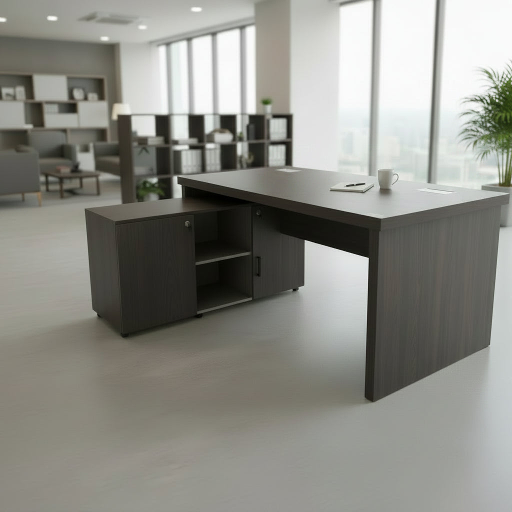 Qk1604 Executive Office Desk Dark Wood Finish with Side Cabinet & Cable Ports Desks