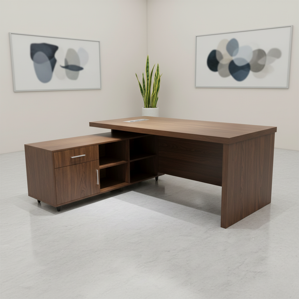 Qk1604 Executive Office Desk Dark Wood Finish with Side Cabinet & Cable Ports Desks