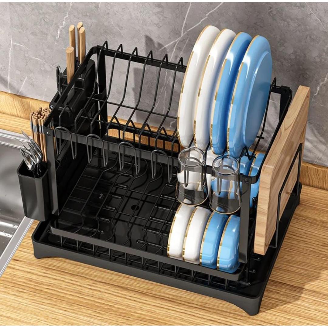 Quality Carbon 2 Tier Dish Rack | 42x29x29cm Black Kitchen Organizer