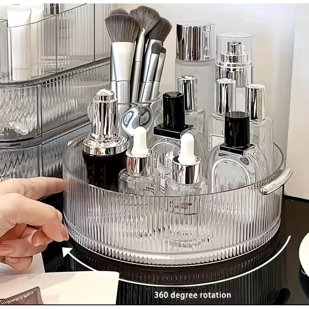 Ribbed Acrylic Lazy Susan with Gold Handles – Rotating Cosmetic Organizer (23x6cm)