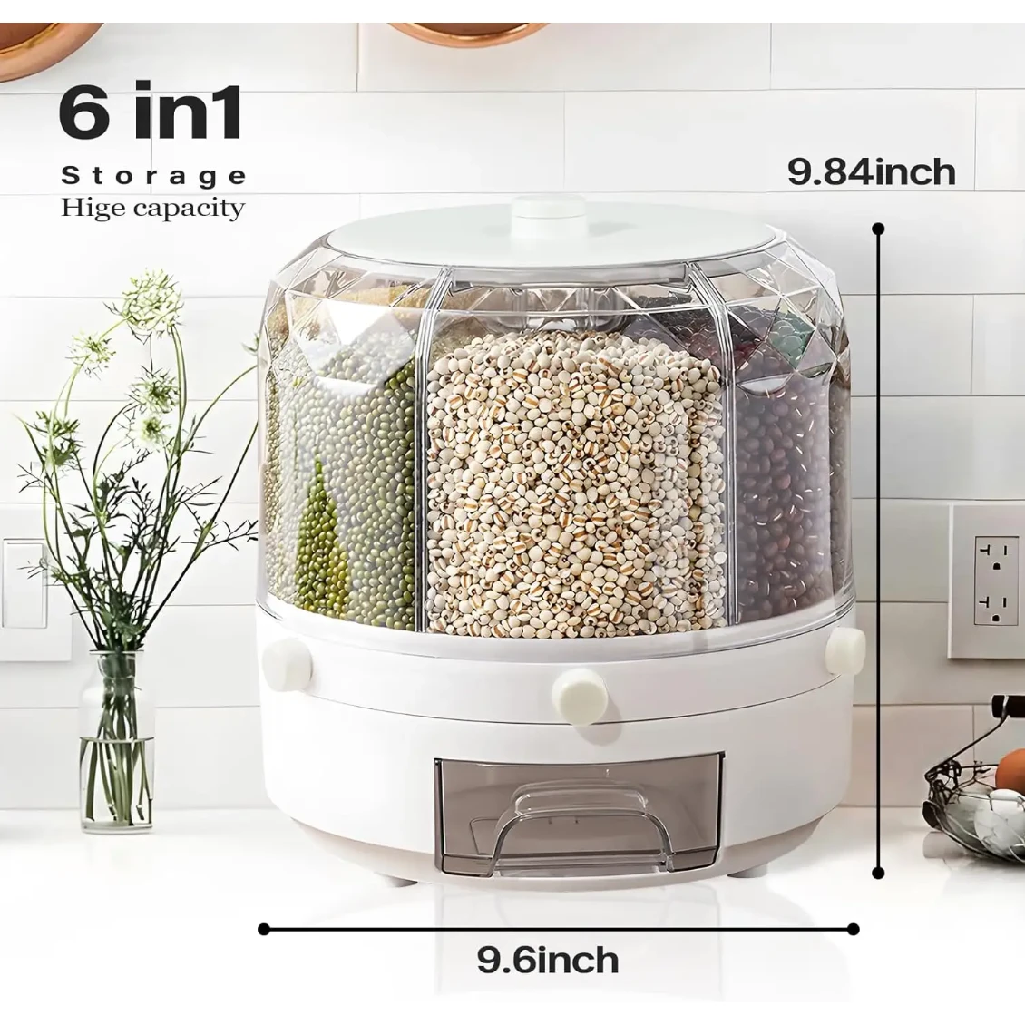 Rotating 6-Grid Food Storage Container 9.5kg Capacity BPA-Free Dispenser 360° Rotating Cereal & Grain Organizer Storage & Organization