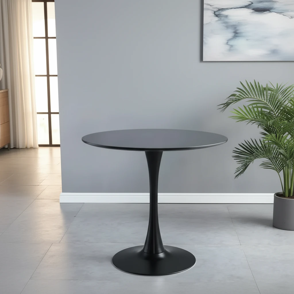 Round Black Pedestal Dining Table with Sleek Modern Base