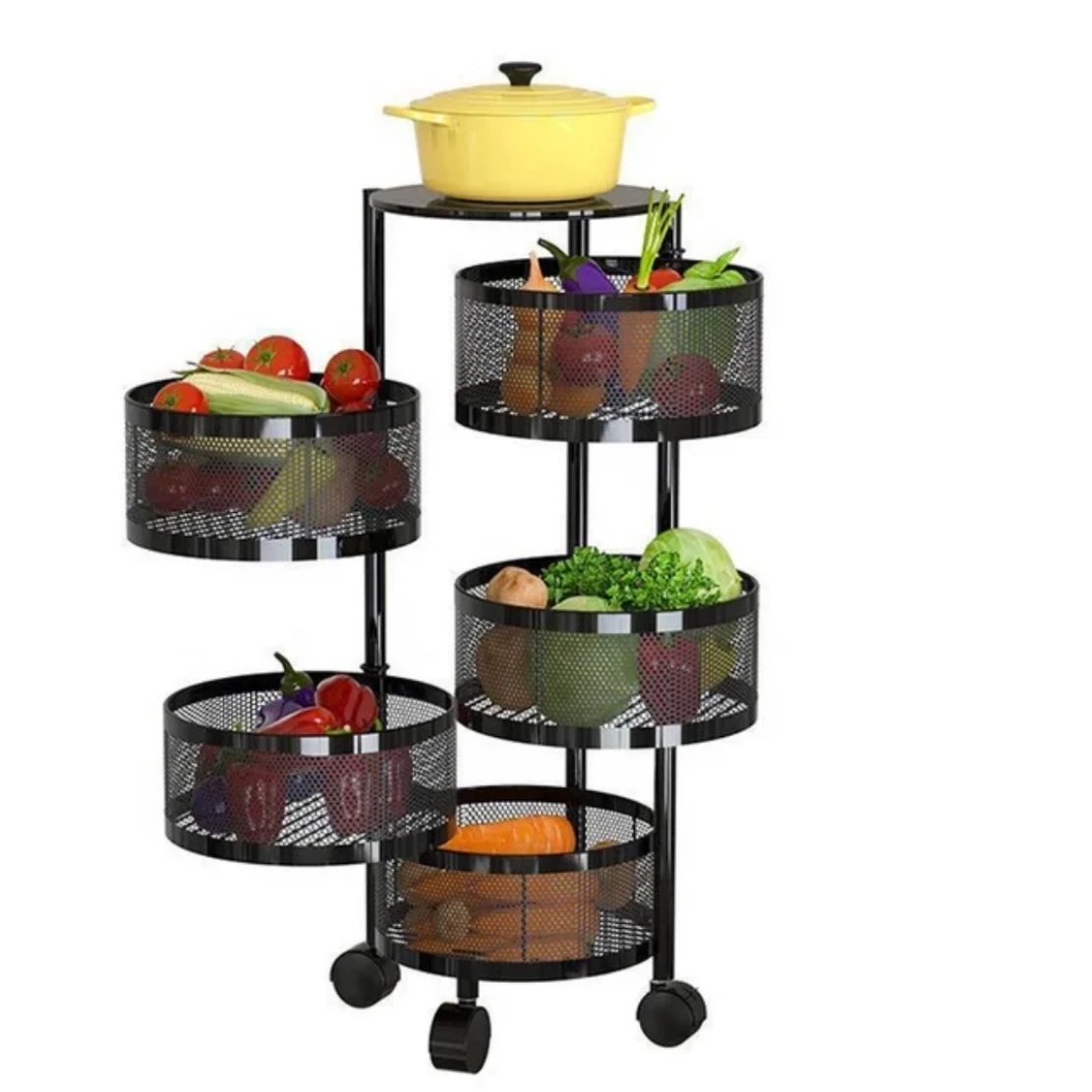 Round Fruit Rack with Wheels 5 Tier Mobile Storage Organizer Kitchen utensils Kitchen Organizers