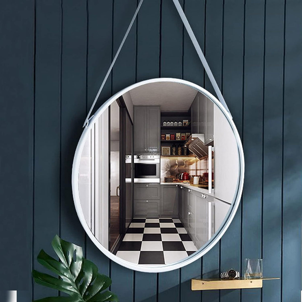 Round Hanging Mirror with Strap Decorative Wall Mirror 60cm Nordic Style