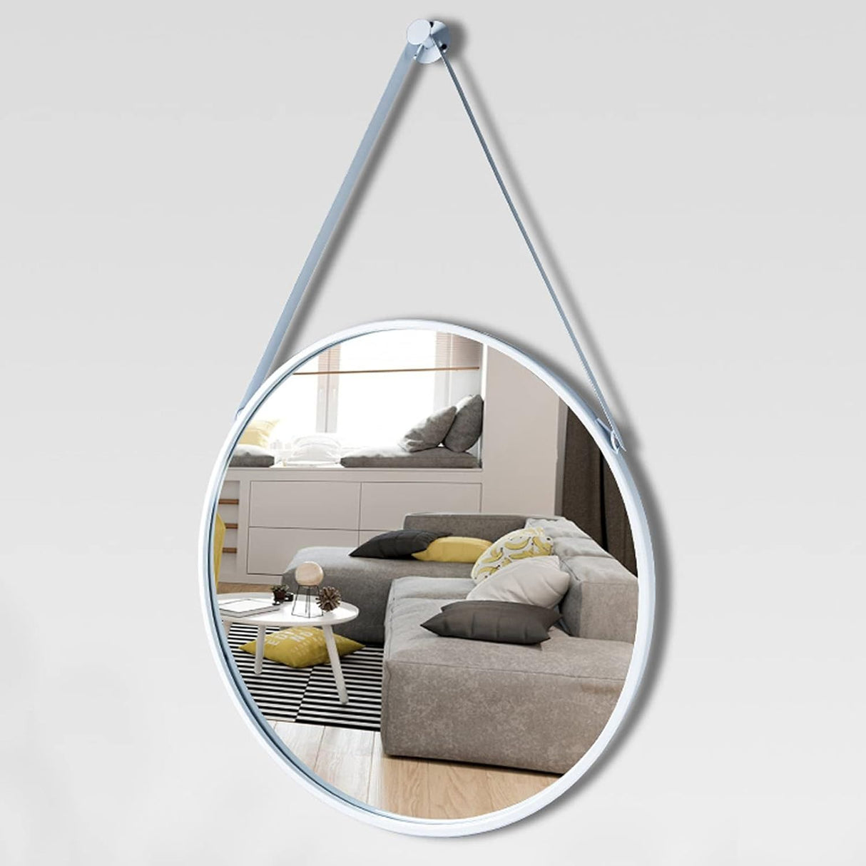 Round Hanging Mirror with Strap Decorative Wall Mirror 60cm Nordic Style