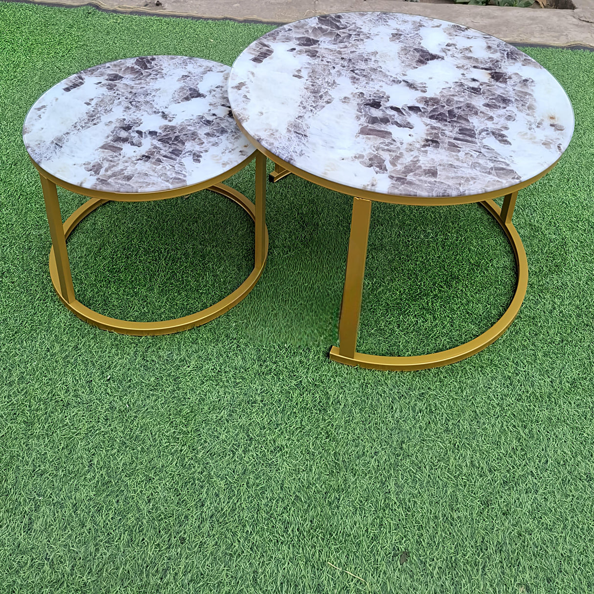Round Marble Nesting Coffee Table Set with Gold Frame