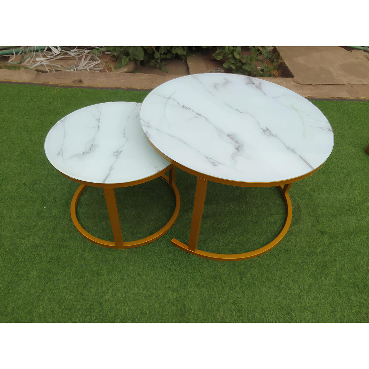 Round Marble Nesting Coffee Table Set with Gold Frame