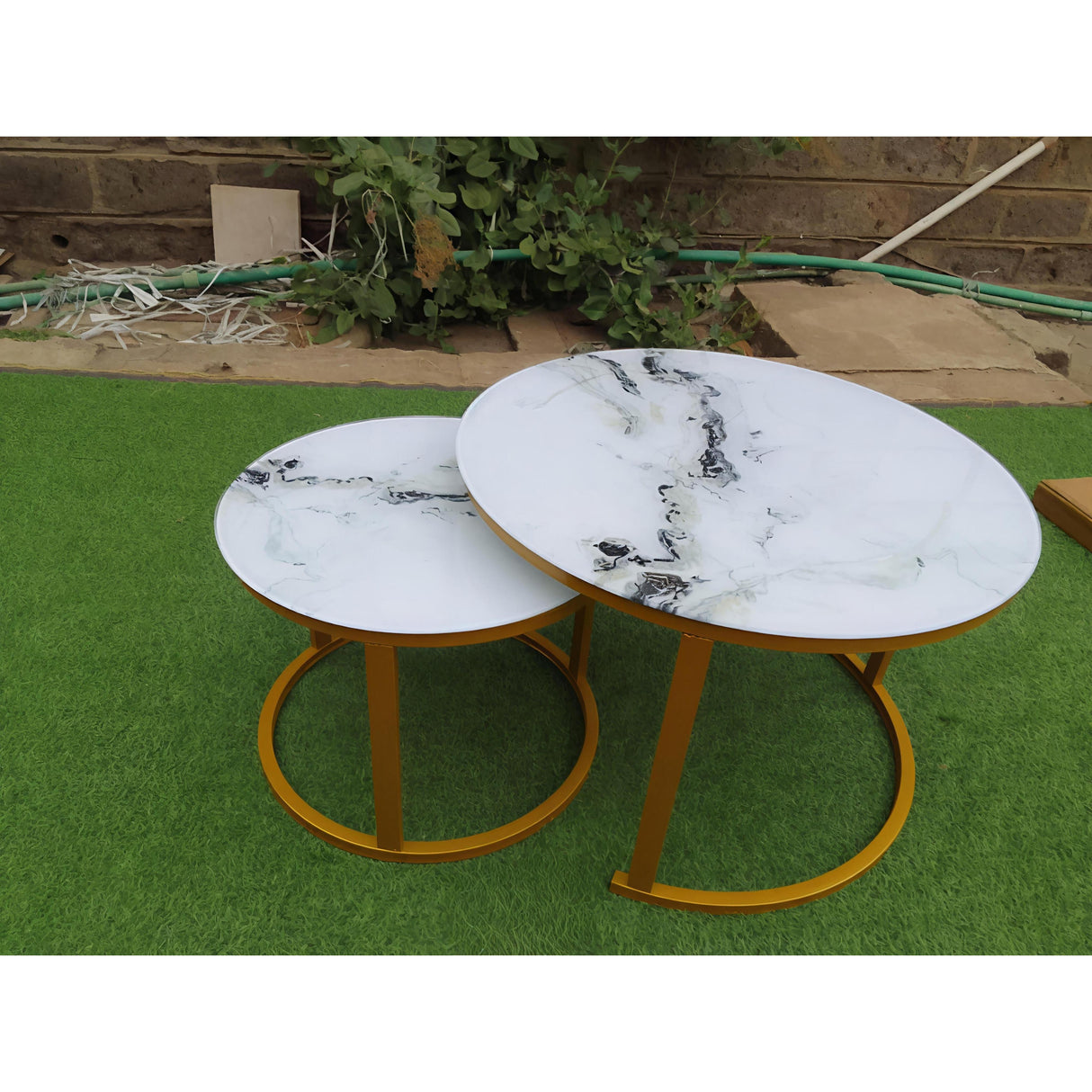 Round Marble Nesting Coffee Table Set with Gold Frame