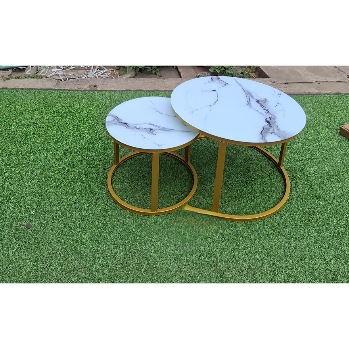 Round Marble Nesting Coffee Table Set with Gold Frame